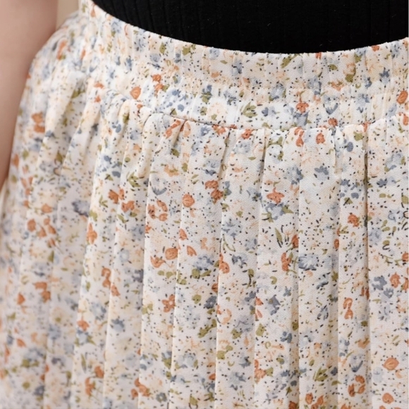 Manydress beige floral chiffon pleated elastic high waist a line midi skirt - Picture 4 of 14